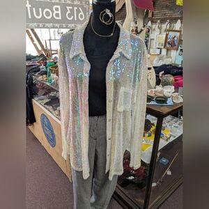NWT POL Opal Sequin Embellished Shirt Jacket - White